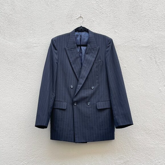 Vintage 80s Men's Double Breasted Navy Pinstriped Wool Blend Jacket Blazer 42L - Picture 1 of 7